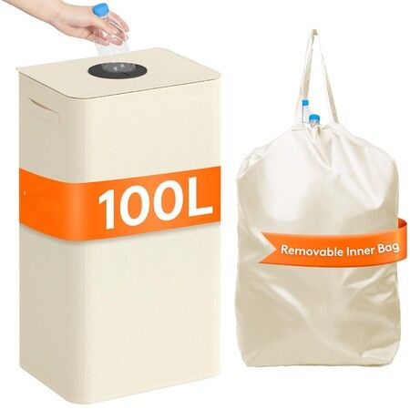 100L Recycling Storage Bin with Lid,26 Gallon Laundry Hamper with Reusable Inner Bag,Tall Kitchen Recycling Bin & Toy Organizer,Color Beige
