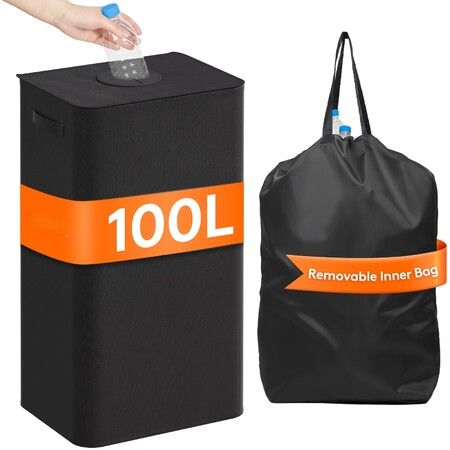 100L Recycling Storage Bin with Lid,26 Gallon Laundry Hamper with Reusable Inner Bag,Tall Kitchen Recycling Bin & Toy Organizer,Color Black