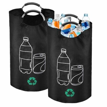 2Pcs 82L Recycling Bin with Aluminum Handles Waterproof Laundry Hamper,Foldable Storage Basket for Toys & Bottles,Tall Indoor/Outdoor Bag, Black