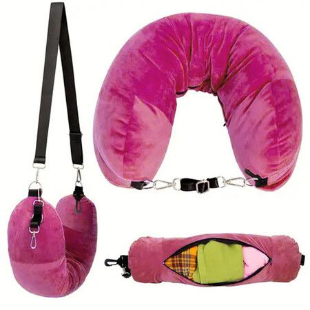 Pink Travel Neck Pillow 72cm U Shaped Inflatable Portable Storage Bag Airplane Aeroplane Travel Gadgets Fillable Travel Accessory 18cm Diameter