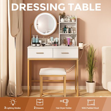 Dressing Table Stool Set Vanity Dresser White Makeup Desk Modern Bedroom Furniture LED Lighted Mirror 3 Lighting Colours 2 Drawers 3 Storage Shelves