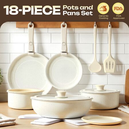 Nonstick Pots and Pans Induction Cookware Set 18Pcs Saucepans Saute Frying Pan FDA Kitchen Cooking Utensils PFOA Free Removable Handle Ceramic Coating