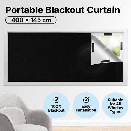 100% Blackout Curtain Bedroom Portable DIY Blockout Sun Light Shades Blinds Travel RV Nursery Media Dorm Room Window Cover No Drill Cuttable 400x145cm