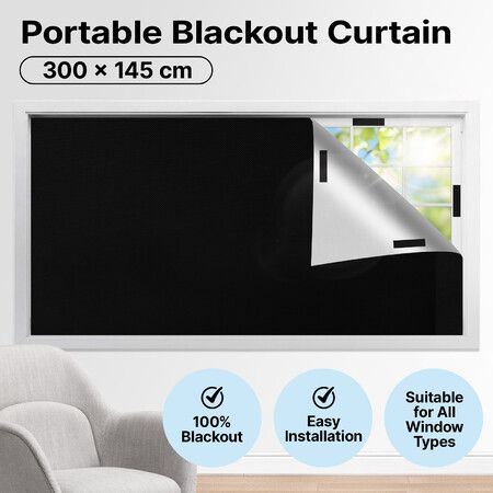 100% Blackout Curtains 300x145cm Portable DIY Window Blinds Shades No Drill Cuttable Blockout Cover for Bedroom Nursery Travel Caravan Dorm Media Room