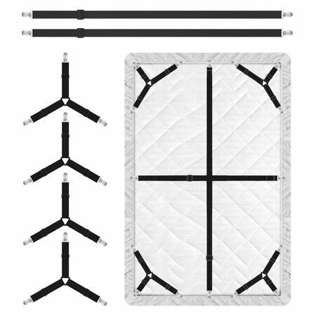 6Pcs Bed Sheet Holder Straps (4+2 Set),Adjustable Mattress Sheet Clips,Elastic Fasteners & Suspenders to Keep Sheets in Place,Fits All Beds,Black
