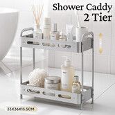 2 Tier Bathroom Storage Shelf Organiser Shower Caddy Space Saving Shelving Unit Rack Laundry Kitchen Pantry Stand Rustproof Aluminium 33x15.5x36cm