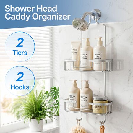 2 Tier Bathroom Shower Caddy Hanging Shelf Storage Holder Inside Over Showerhead Rack Organiser with Hooks Rustproof Aluminium for Shampoo Soap Razor