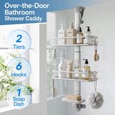 3 Tiers Over Door Shower Caddy Hanging Inside Bathroom Organiser Rack with Soap Holder Hooks Adjustable Screen Glass Storage Shelf Rustproof Aluminium