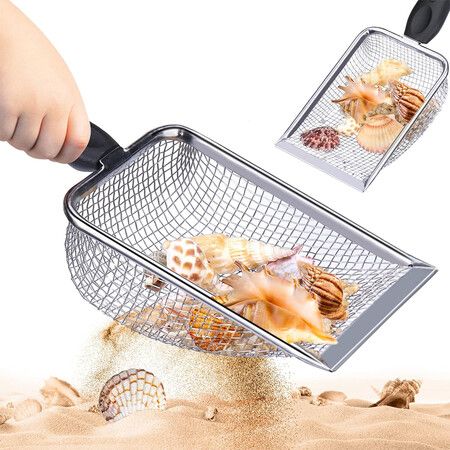 2 PCS Beach Mesh Shovel for Filter Sand, Kids Shell Collecting Scooper for Picking Up Shells, Shark Tooth Sifter for Boys and Girls, Beach Toy
