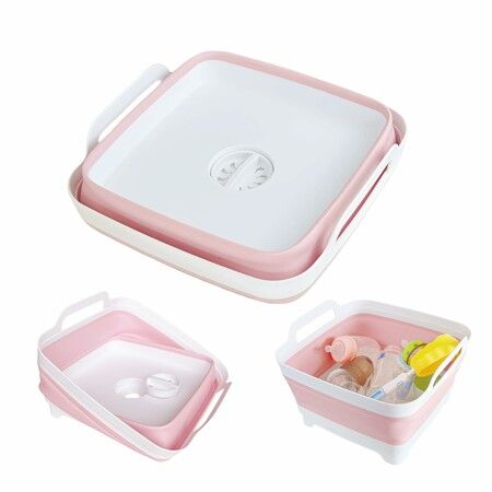Collapsible Wash Basin with Drain Plug 10L Foldable Kitchen Sink for Bottles,RV Camping,Space-Saving Dish Tub (Pink)