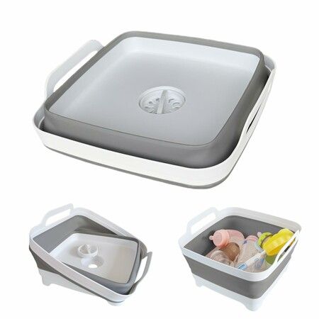 Collapsible Wash Basin with Drain Plug 10L Foldable Kitchen Sink for Bottles,RV Camping,Space-Saving Dish Tub (Gray)