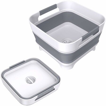 Collapsible Dish Basin with Drain Plug,9L Capacity, Space Saving Portable Sink for Baby bottle,Kitchen,Camping& RV,Gray