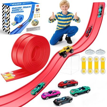 4.6M Flexible Race Track Set DIY Bendable Race Car with 4 Toy Cars,Suction Cups,Portable Racetrack Compatible with 1/64 Diecast Cars for Kids 3+(Red)