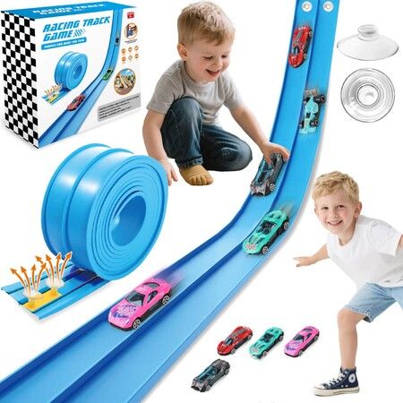 4.6M Flexible Race Track Set DIY Bendable Race Car with 4 Toy Cars,Suction Cups,Portable Racetrack Compatible with 1/64 Diecast Cars for Kids 3+(Blue)