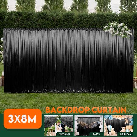 Black Backdrop Curtain Ice Silk Drapes Photo Background Decoration 3x8m Extra Large for Event Party Wedding Birthday Christmas Stage Photography Booth