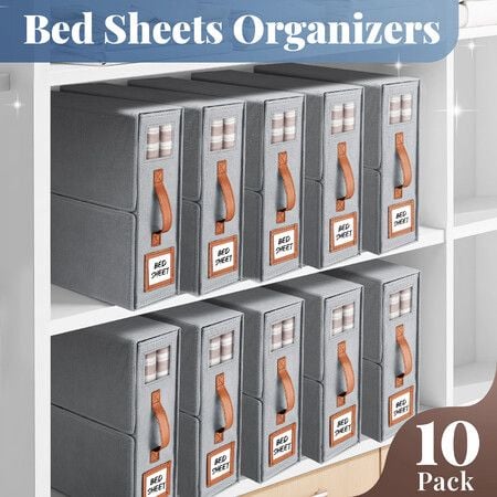 10Pcs Bed Sheet Organiser Set Foldable Linen Closet Storage Bin Box Container with Clear Window Labels Handles for Bedding Blanket Duvet Cover Wardrobe
