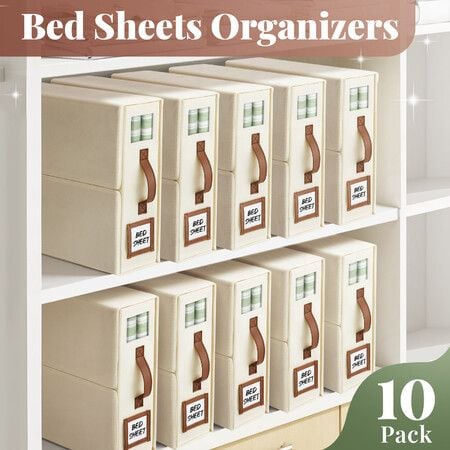 Bed Sheet Organiser Set 10Pcs Foldable Linen Closet Bedding Blanket Fabric Storage Bin Box Container Clothes Duvet Cover Wardrobe Folder Keeper Window