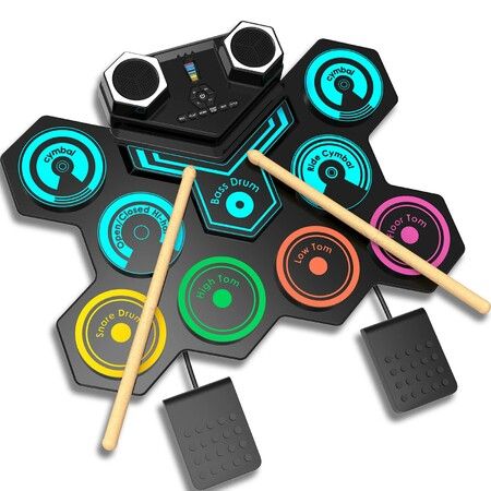 Roll Up Electronic Drum Kit, 9 Pads Portable Silicone Electric Drum Set with Built-in Speakers Ideal Gift for Kids Birthday Christmas