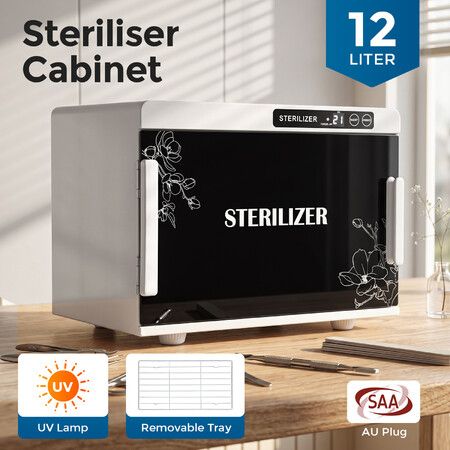 12L UV Steriliser Tool Cabinet with Ozone Function for Facial Barber Beauty Salon Nail Tattoo Spa Storage Box Stainless Steel Tempered Glass Door 6W