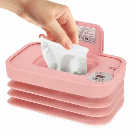 Baby Wipes Warmer,USB Powered 3-Temp Heated Wipe Dispenser with Night Light,Portable Folding Design Wet Napkin Heater for Home Travel,Color Pink