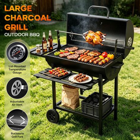 Charcoal BBQ Grill Smoker Trolley Portable Coal Garden Barbecue Table Stand Rolling Outdoor Camping Cooking Station Picnic Party Braai Rotisserie Spit