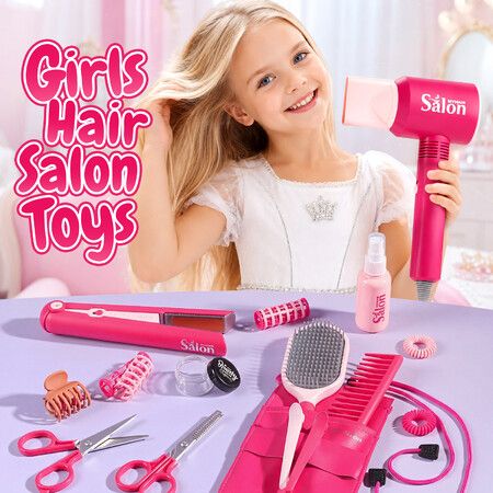 22Pc Kids Hair Salon Toys Set Toddlers Girls Pretend Dress Up Beauty Hairstylist Play Toy Hairdryer Straightener Curling Flat Scissors Barber Apron