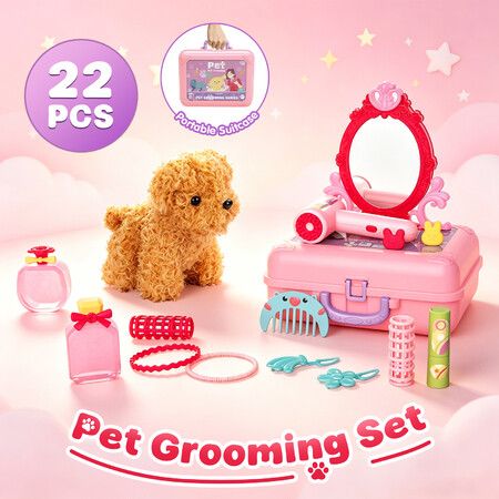 22 Pcs Kids Pet Grooming Toy Set Plush Dog Vet Pretend Role Play Kit Portable Carry Case Educational Small Animal Care Girls Beauty Hair Salon Gift 3+