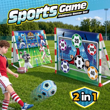 Kids Soccer Goal Net Target Mat Game Childrens Football Pitching Practice Toy Backyard Garden Outdoor Sport Active Play Equipment Rugby 2-in-1 Set Gift