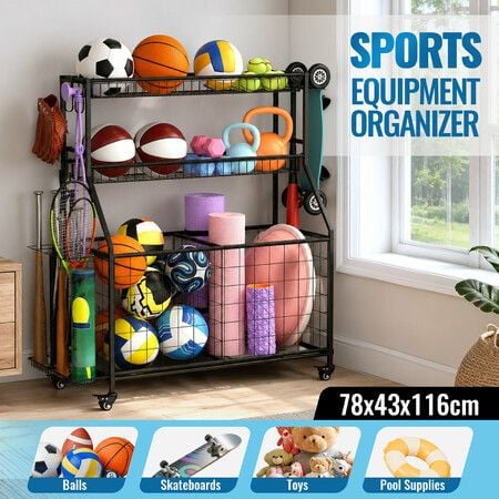 Sports Ball Storage Trolley Garage Gym Equipment Organiser Rolling Steel Rack Cart Basketball Football Yoga Mats Hooks Toys Bins Lockable Wheels Black