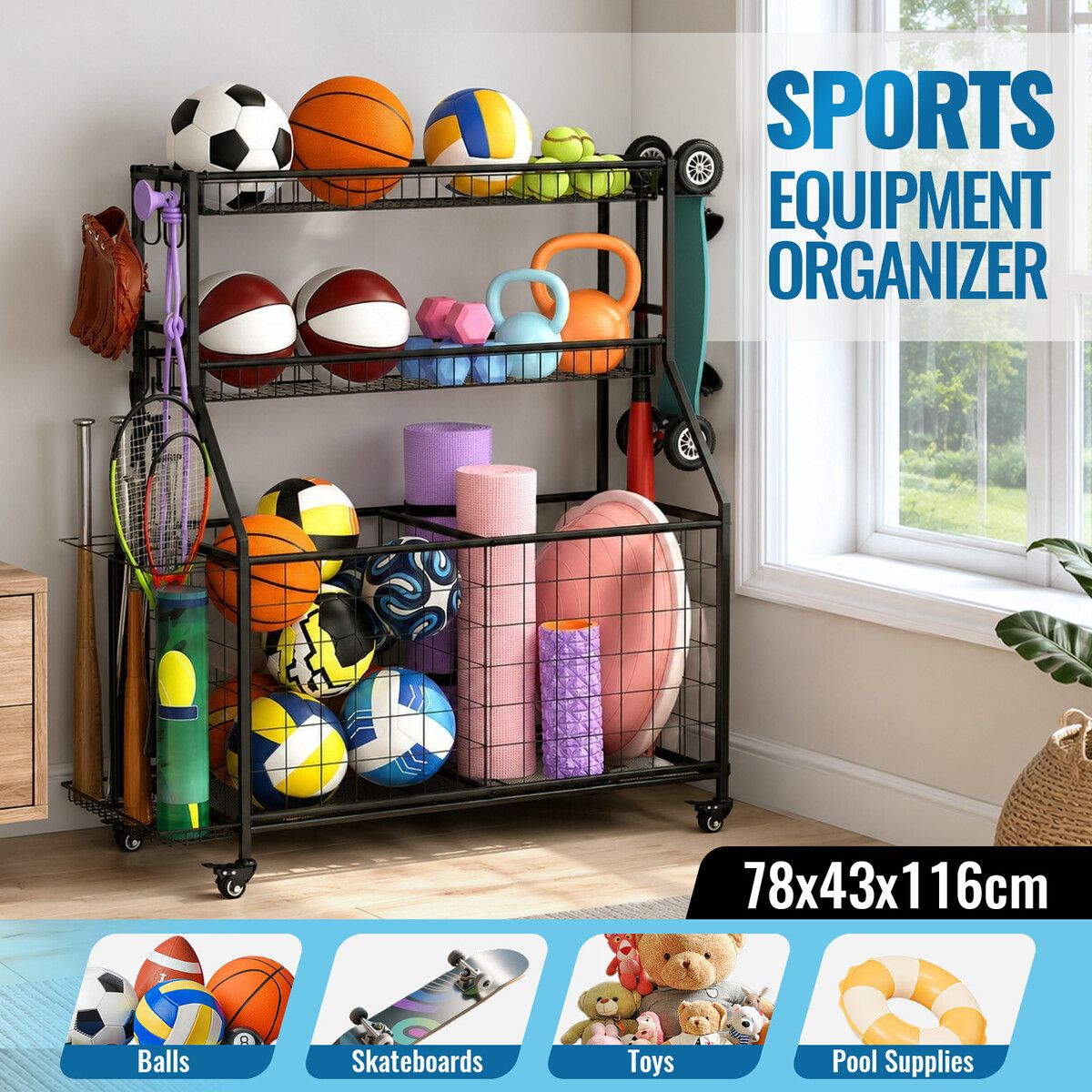 Sports Ball Storage Trolley Garage Gym Equipment Organiser Rolling Steel Rack Cart Basketball Football Yoga Mats Hooks Toys Bins Lockable Wheels Black