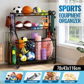 Sports Ball Storage Trolley Garage Gym Equipment Organiser Rolling Steel Rack Cart Basketball Football Yoga Mats Hooks Toys Bins Lockable Wheels Black
