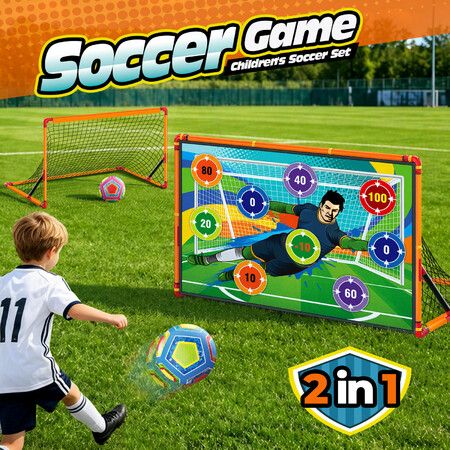 Kids Soccer Goal Set Backyard 2 in 1 Football Training Net Removable Scoring Target Cloth Folding Posts 137cm Cones Pump Balls Portable Carry Bag
