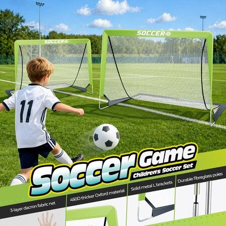 Soccer Goals Set 2 Portable Kids Football Nets Pop Up Backyard Goal Training Post Gear with Balls Pump Cones 118x87cm Garden Outdoor Sport Boys Girls