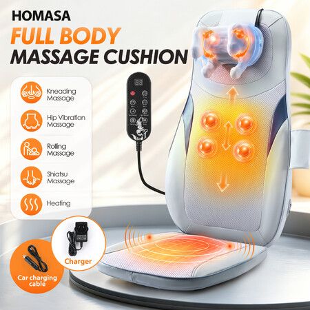 HOMASA Massage Cushion Back Neck Shiatsu Massager Chair Pad Car Seat Heat Vibration Electric Deep Kneading Roller Adjustable Speed Thermal Mat Grey