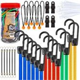 32Pcs Bungee Cords With Hooks Set In Storage Jar,Heavy Duty Elastic Ropes Assorted Sizes,Includes Ball Bungees & Tarp Clips For Hand Truck,Cargo