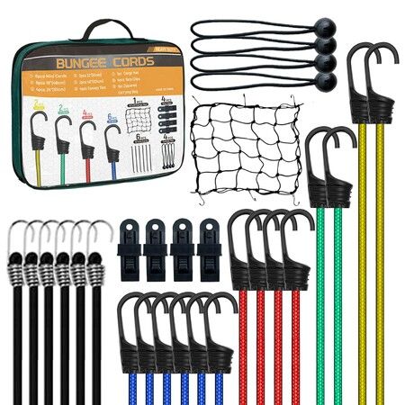 29Pcs Heavy Duty Bungee Cords With Hooks,Motorcycle Cargo Net For Utv, Truck & Bike,Elastic Tie Down Straps Assortment For Camping,Roof Rack