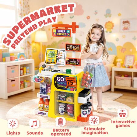 Kids Toys Grocery Store Supermarket Checkout Counter Pretend Play Food Set Cash Register POS Machine Scanner Coffee Dispenser Shopping Market Stall