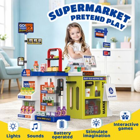 67PCS Kids Supermarket Play Pretend Grocery Store Role Playset Shopping Cash Register Scanner POS Machine Coffee Maker Market Stall Educational Toys