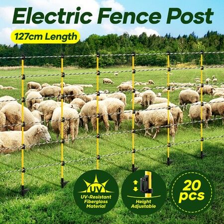 Electric Fence Post 20pcs 127cm Tread Step In Wire Temporary Fencing Garden Graze Farm Livestock Cattle Sheep Insulators Poles Fibreglass Adjustable