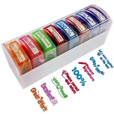 8PCS Self-Inking Teacher Stamp Set For Grading Classroom Parent Signature Plastic Praise Seal For Homework Marking Fun Encouragement Stampers School Reward