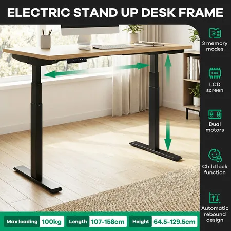 Stand Up Desk Frame Electric Sit and Standup Table Base Legs Heavy Duty Adjustable Rising Motorised Standing Underframe Dual Motor Carbon Steel Blac