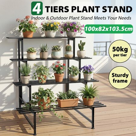 4 Tier Metal Plant Stand Planter Flower Pot Holder Corner Rack Outdoor Indoor Garden Home Storage Shelf Display Unit Organiser Large Shelving Black