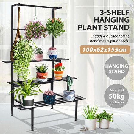 Large Metal Plant Stand Flower Pot Tall Holder Black Corner Rack Storage Shelves Hanging Display Shelving Unit 3 Tier Outdoor Indoor Home Garden