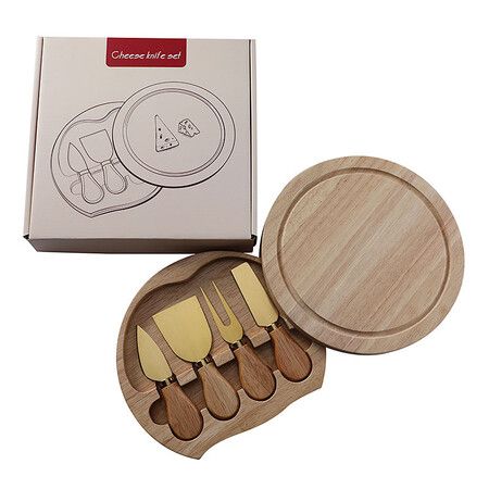 5Pcs Travel Cheese Board Set,20Cm Round Wood Platter With Slide-Out Drawer 4 Stainless Steel Cutlery Tools For Picnic Wine Party Color Gold