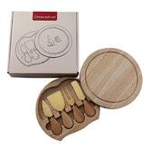 5Pcs Travel Cheese Board Set,20Cm Round Wood Platter With Slide-Out Drawer 4 Stainless Steel Cutlery Tools For Picnic Wine Party Color Gold