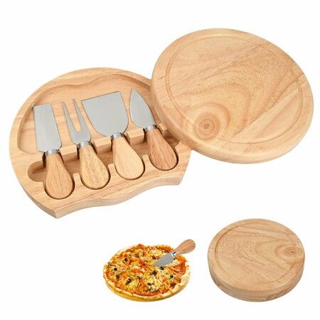 5Pcs Travel Cheese Board Set,20Cm Round Wood Platter With Slide-Out Drawer 4 Stainless Steel Cutlery Tools For Picnic Wine Party Color Silver