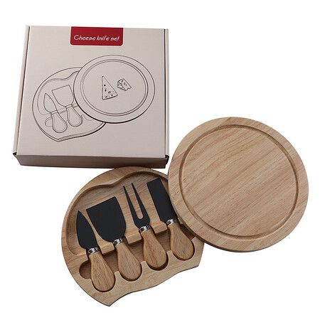5Pcs Travel Cheese Board Set,20Cm Round Wood Platter With Slide-Out Drawer 4 Stainless Steel Cutlery Tools For Picnic Wine Party Color Black