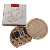 5Pcs Travel Cheese Board Set,20Cm Round Wood Platter With Slide-Out Drawer 4 Stainless Steel Cutlery Tools For Picnic Wine Party Color Black