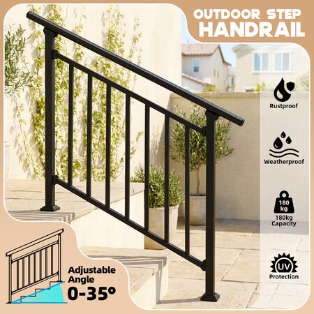 Stair Handrail Railings 3-4 Steps Black Metal Adjustable Safety Guard Hand Rails Kit Indoor Outdoor Staircases Concrete Balcony Deck Porch Patio Fence