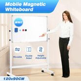 Double Sided Magnetic Whiteboard Interactive Mobile White Board Dry Erase Stand Castors Adjustable Height 120x90cm for Office Classroom Home Teaching
